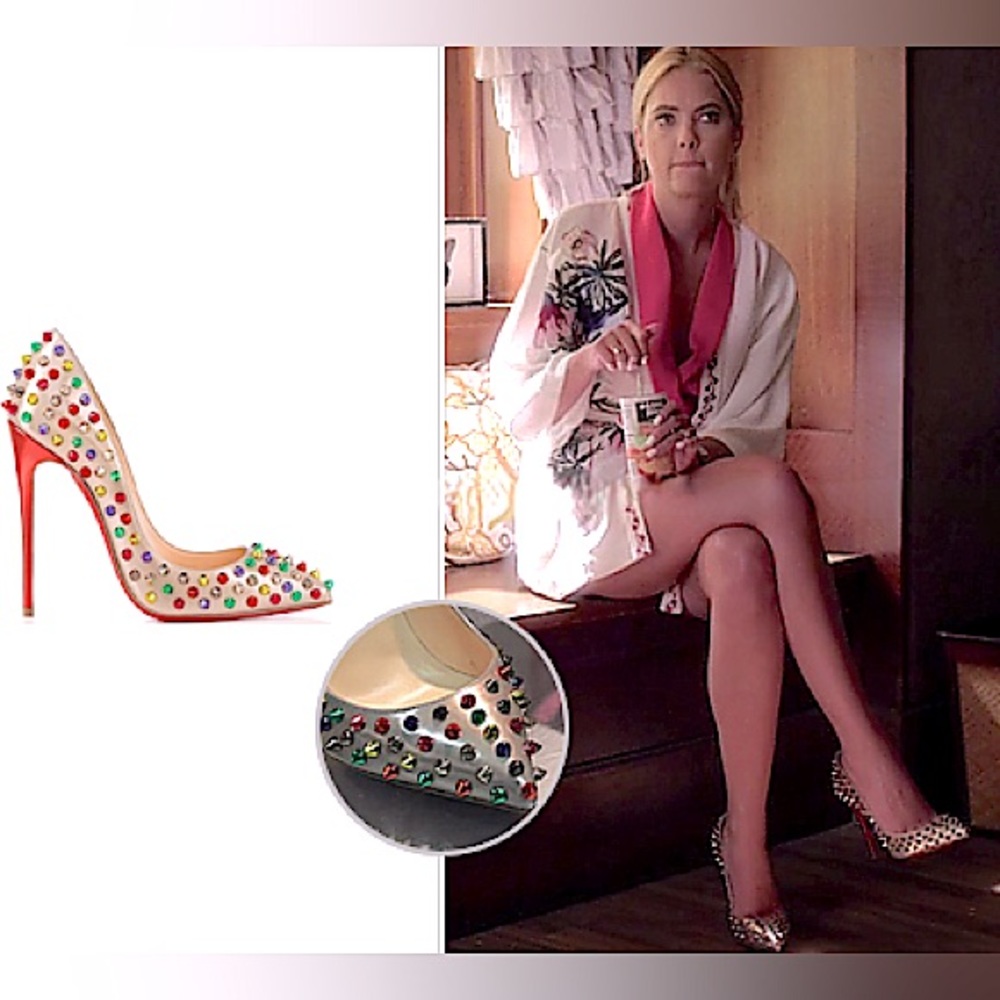 Louboutin: Multicolor Follies Spikes 100 Beige Specchio Studded Heels *RARE* - Picture 4 of 17